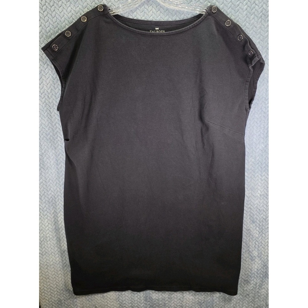Talbots Woman Petites Black Cotton Boat Neck Button Shoulder Top 3Xp
